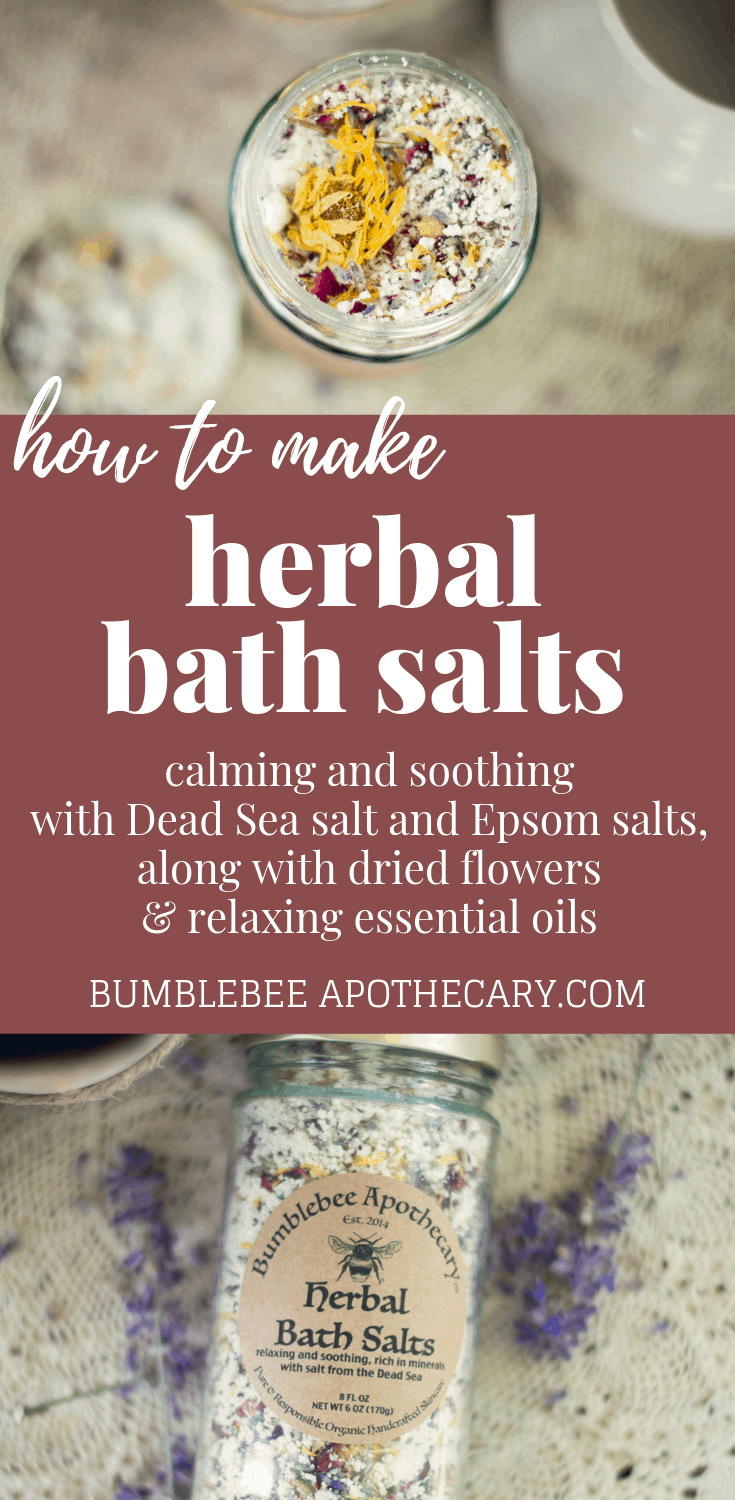 Herbal bath salts recipe | calming and soothing with Dead Sea salt, epsom salt, dried flowers and relaxing essential oils #bathsalts #herbs #relax #metime