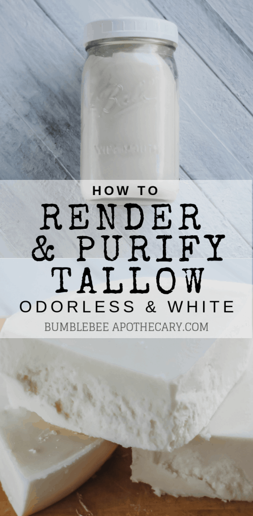 How to render and purify tallow so that it is odorless and white for soap making, candle making, tallow balm, skincare, cooking, and more! #tallow #grassfed #wapf #nourishingtraditions