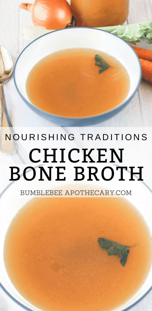 This shares everything I need to know to make delicious chicken bone broth. It's really easy, too! #bonebroth #chickenbroth #nourishingtraditions #broth #stock